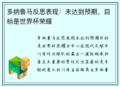 多纳鲁马反思表现：未达到预期，目标是世界杯荣耀
