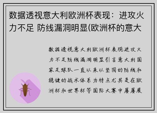 数据透视意大利欧洲杯表现：进攻火力不足 防线漏洞明显(欧洲杯的意大利队)