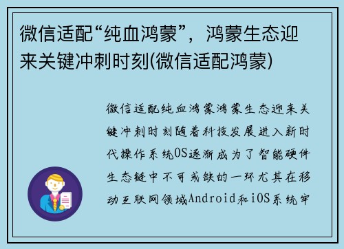 微信适配“纯血鸿蒙”，鸿蒙生态迎来关键冲刺时刻(微信适配鸿蒙)