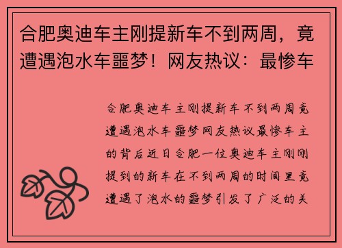 合肥奥迪车主刚提新车不到两周，竟遭遇泡水车噩梦！网友热议：最惨车主