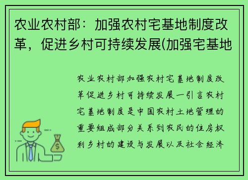农业农村部：加强农村宅基地制度改革，促进乡村可持续发展(加强宅基地管理)