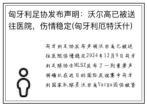 匈牙利足协发布声明：沃尔高已被送往医院，伤情稳定(匈牙利厄特沃什)