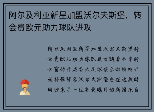 阿尔及利亚新星加盟沃尔夫斯堡，转会费欧元助力球队进攻