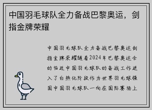 中国羽毛球队全力备战巴黎奥运，剑指金牌荣耀