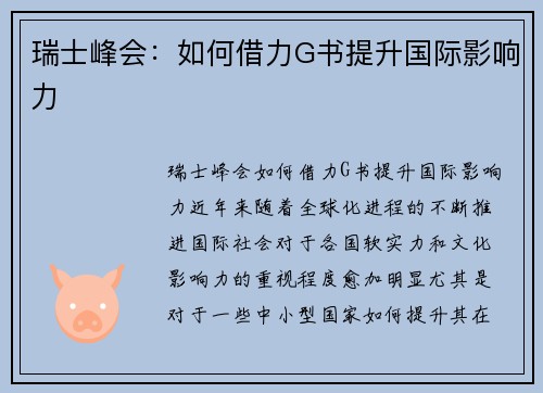 瑞士峰会：如何借力G书提升国际影响力