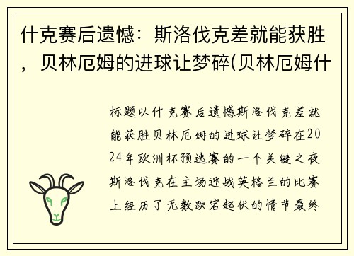 什克赛后遗憾：斯洛伐克差就能获胜，贝林厄姆的进球让梦碎(贝林厄姆什么位置)